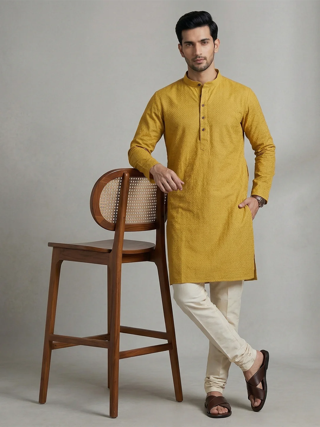 Men Cotton Medium Length Printed Pocket Kurta Mustard Yellow MHJ2 - Image 2