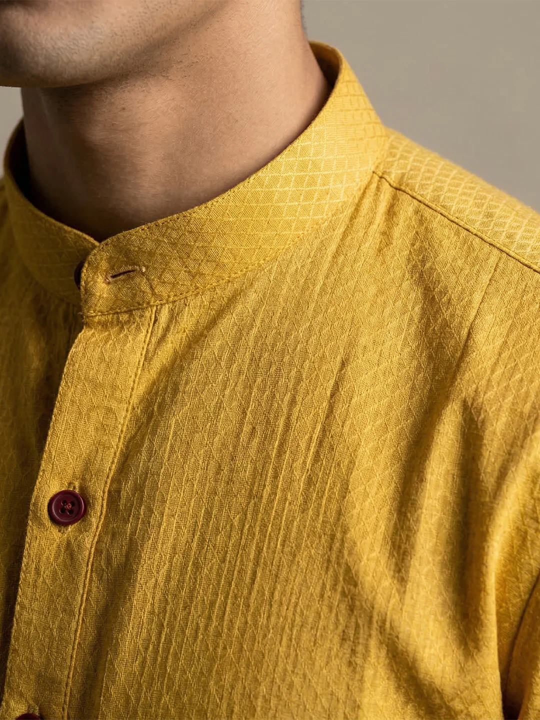 Men Cotton Medium Length Printed Pocket Kurta Mustard Yellow MHJ2 - Image 3