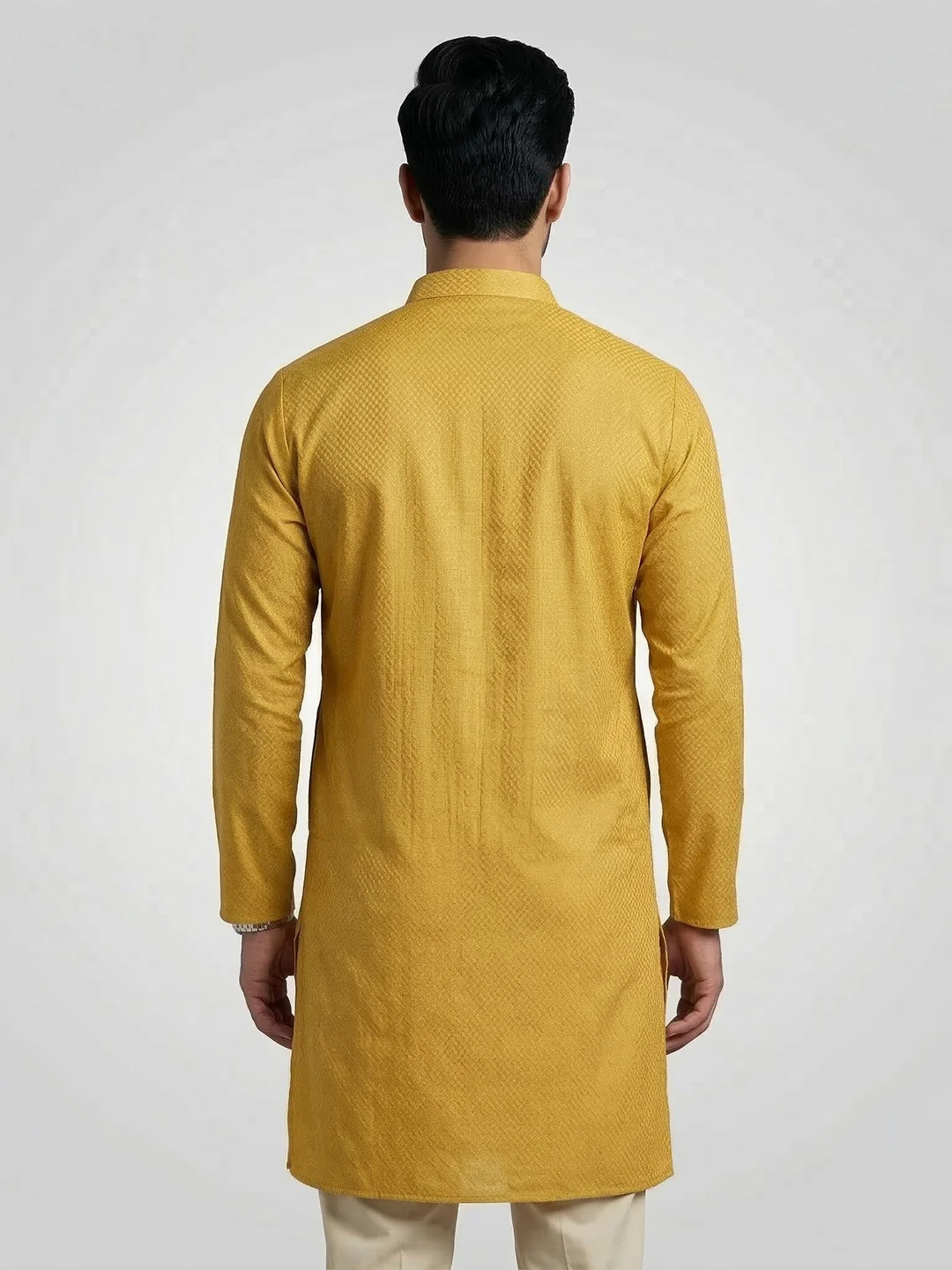 Men Cotton Medium Length Printed Pocket Kurta Mustard Yellow MHJ2 - Image 4