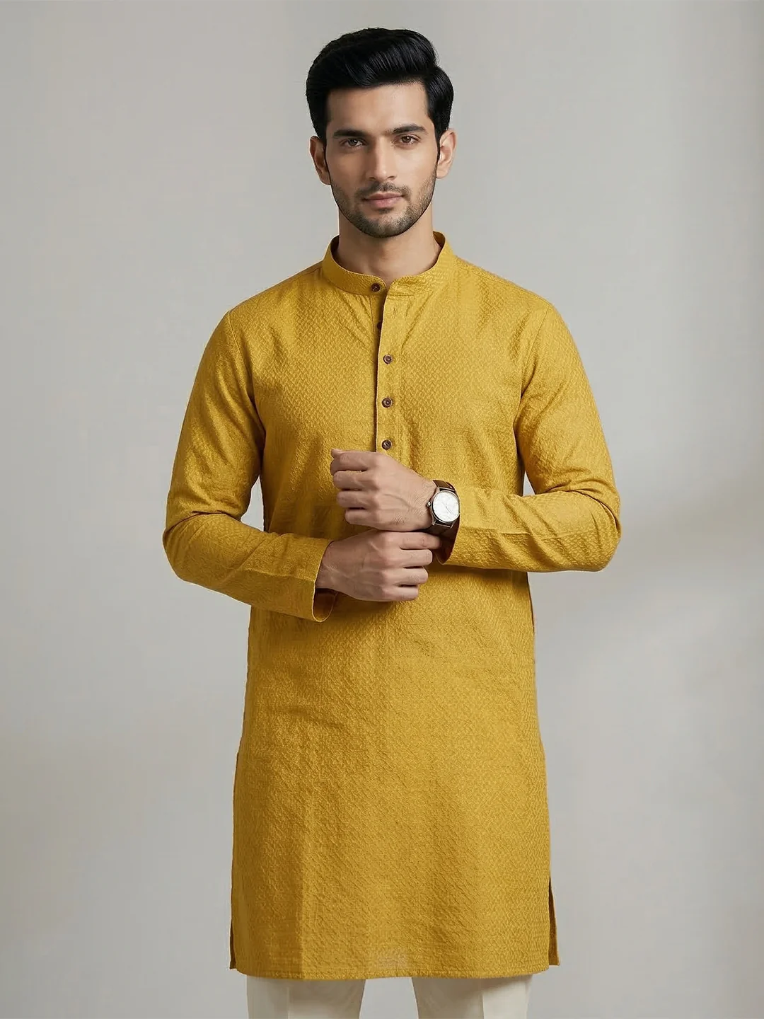 Men Cotton Medium Length Printed Pocket Kurta Mustard Yellow MHJ2 - Image 5