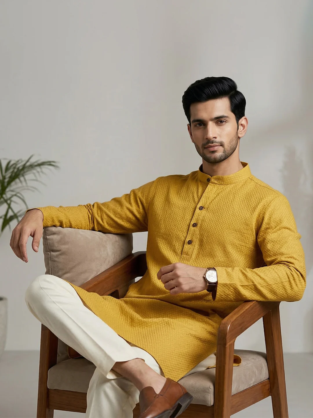 Men Cotton Medium Length Printed Pocket Kurta Mustard Yellow MHJ2 - Image 6