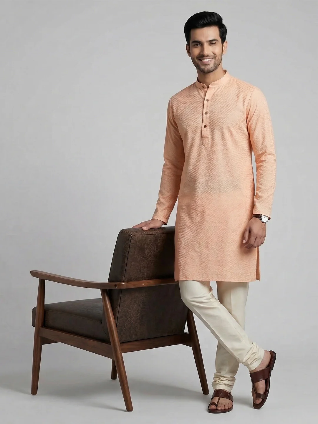 Men Cotton Medium Length Printed Pocket Kurta Peach MHJ5 - Image 2