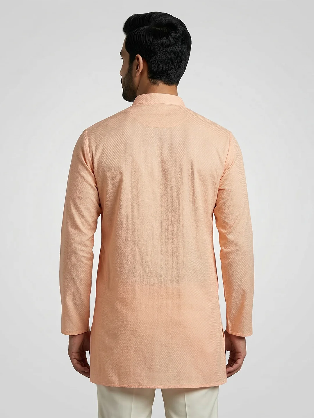Men Cotton Medium Length Printed Pocket Kurta Peach MHJ5 - Image 3