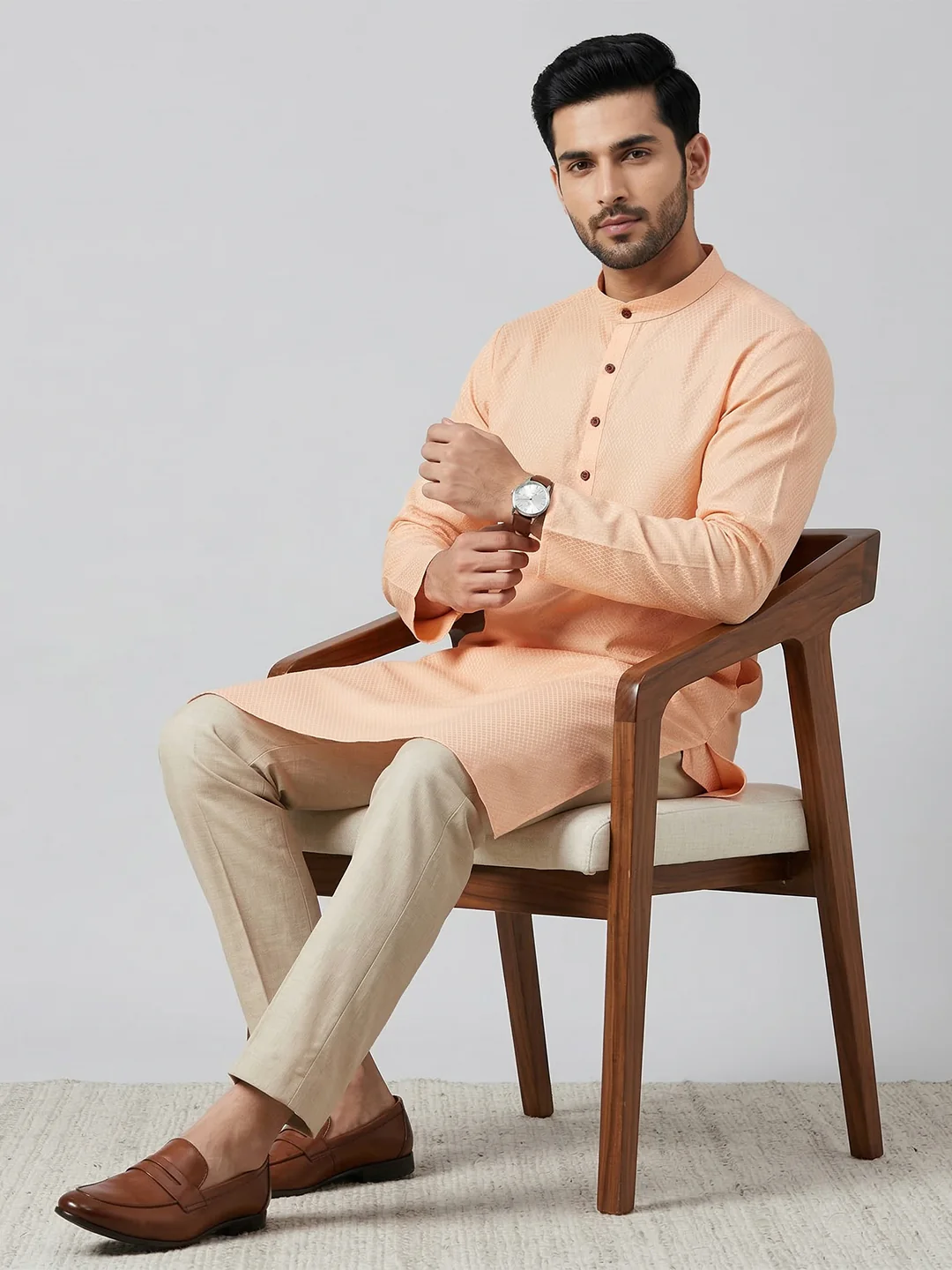 Men Cotton Medium Length Printed Pocket Kurta Peach MHJ5 - Image 5
