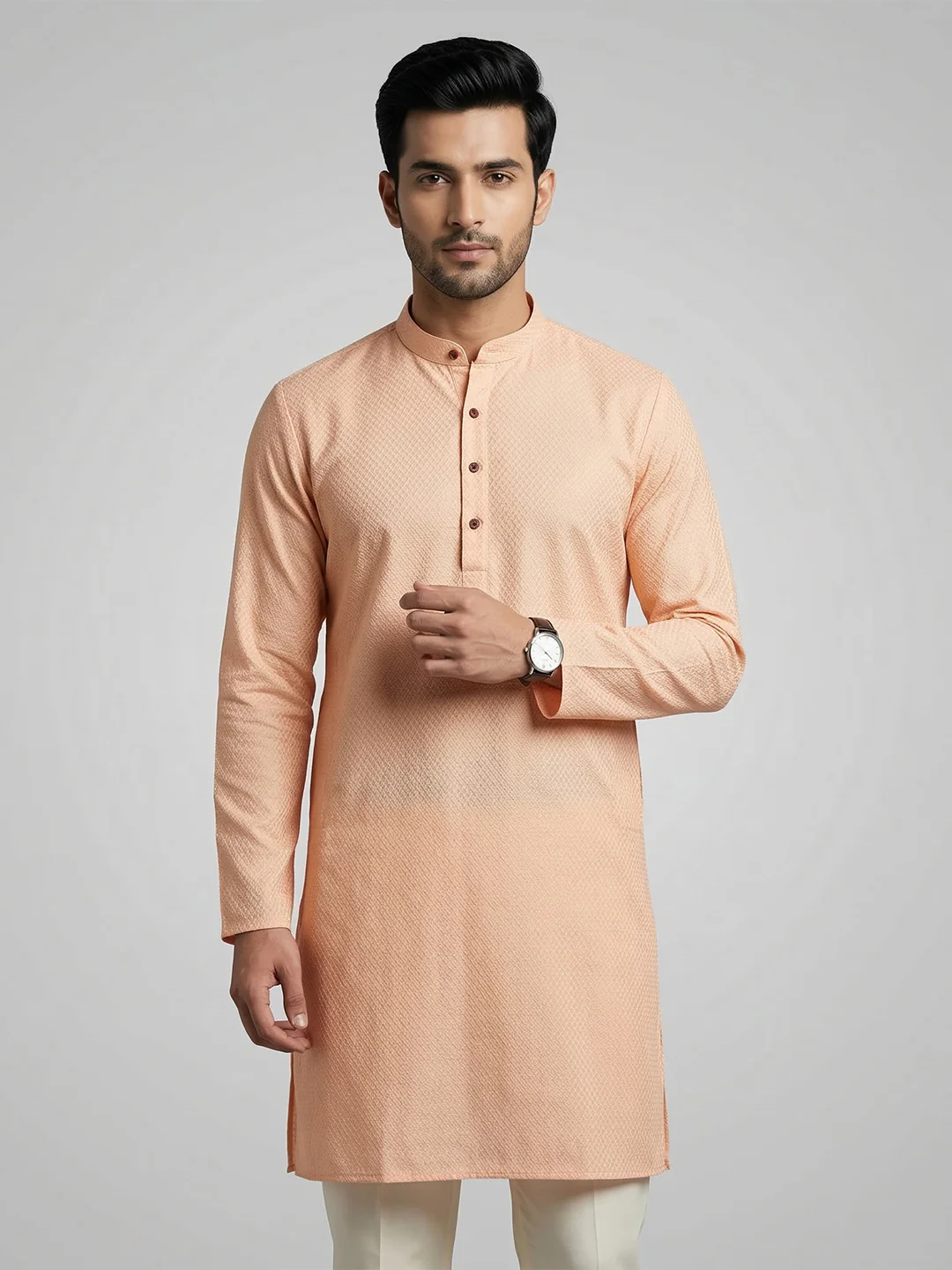 Men Cotton Medium Length Printed Pocket Kurta Peach MHJ5 - Image 6