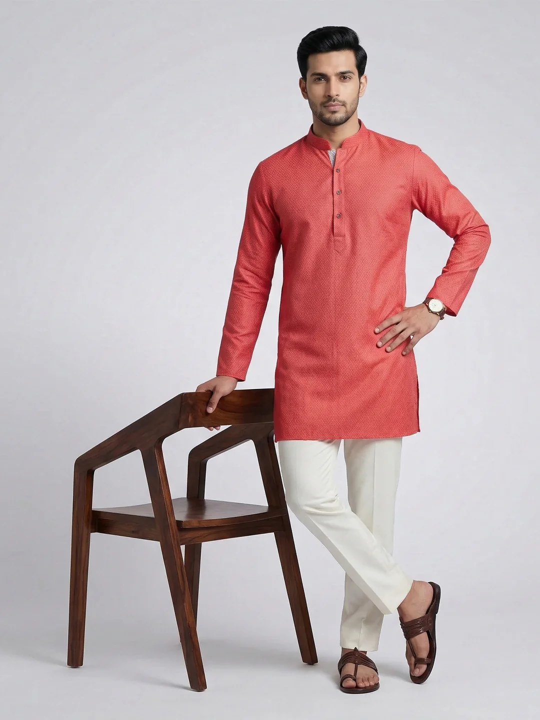 Men Cotton Medium Length Printed Pocket Kurta Reddish Pink MHJ3 - Image 2