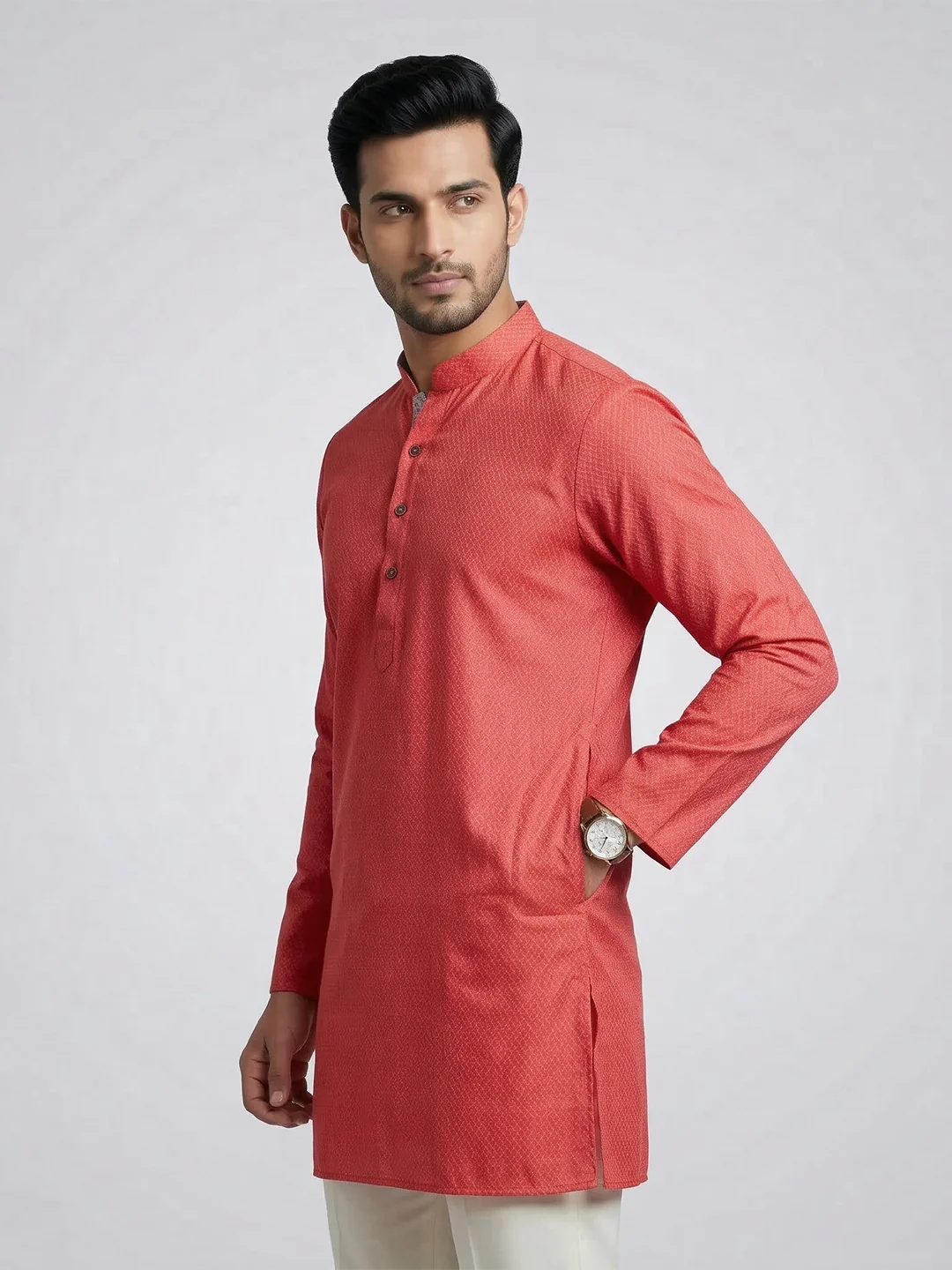 Men Cotton Medium Length Printed Pocket Kurta Reddish Pink MHJ3 - Image 3