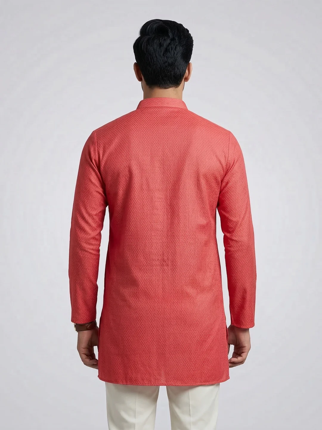 Men Cotton Medium Length Printed Pocket Kurta Reddish Pink MHJ3 - Image 5