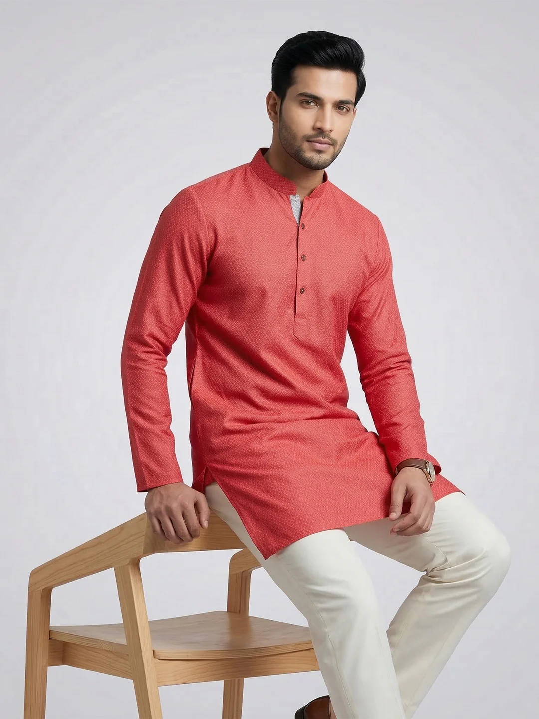 Men Cotton Medium Length Printed Pocket Kurta Reddish Pink MHJ3 - Image 6
