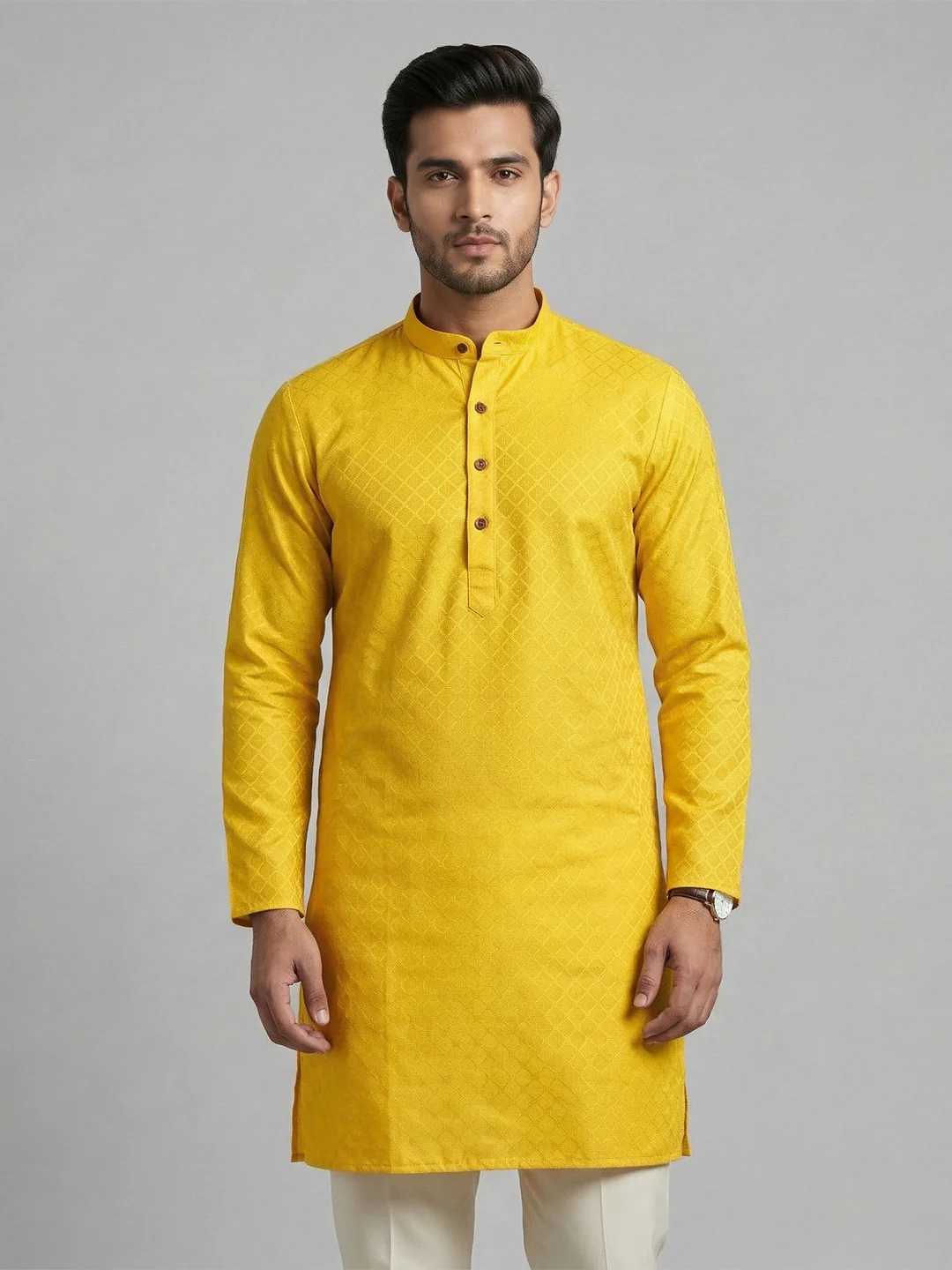 Men Cotton Medium Length Self Design Pocket Kurta Yellow D4