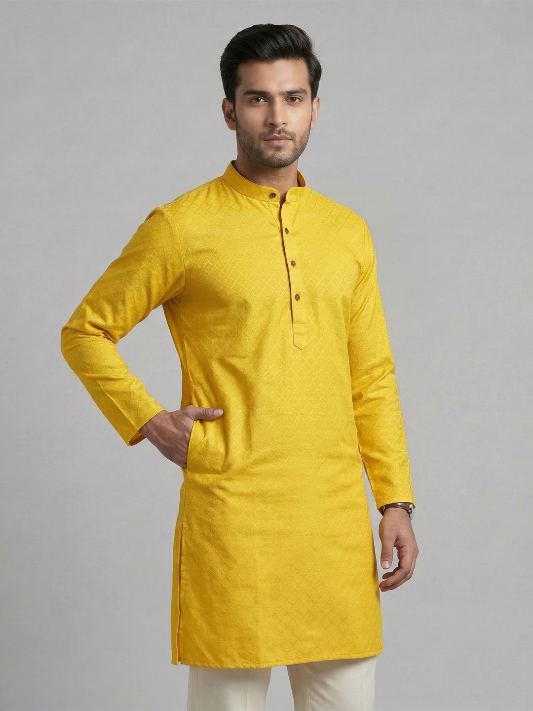 Men Cotton Medium Length Self Design Pocket Kurta Yellow D4 - Image 2
