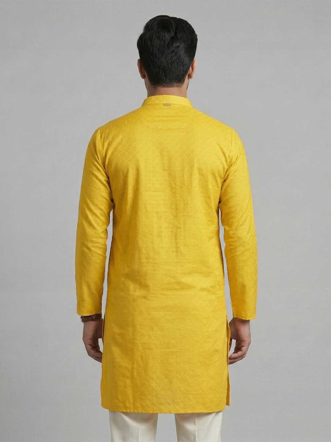 Men Cotton Medium Length Self Design Pocket Kurta Yellow D4 - Image 3