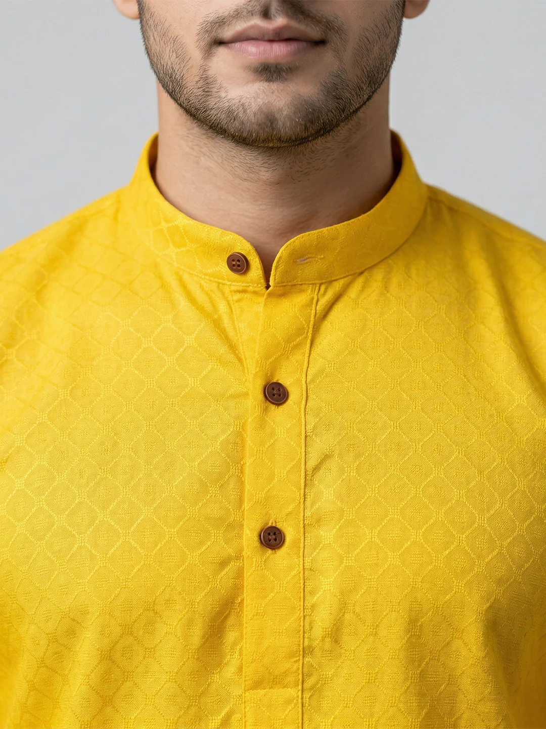 Men Cotton Medium Length Self Design Pocket Kurta Yellow D4 - Image 4