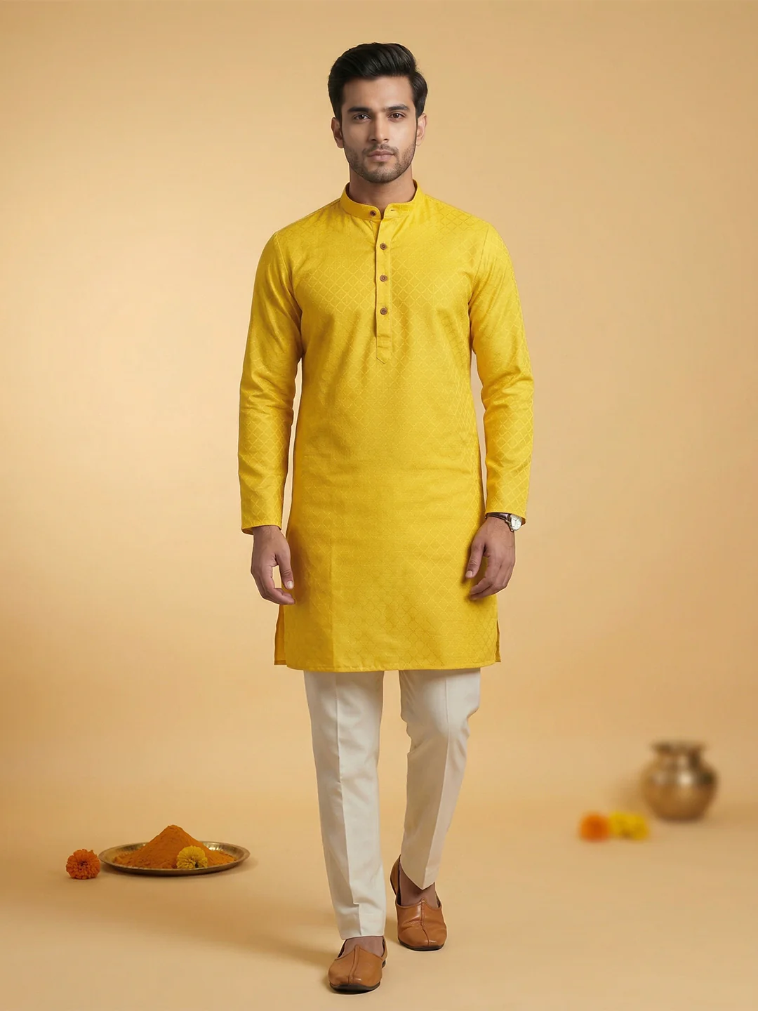 Men Cotton Medium Length Self Design Pocket Kurta Yellow D4 - Image 5