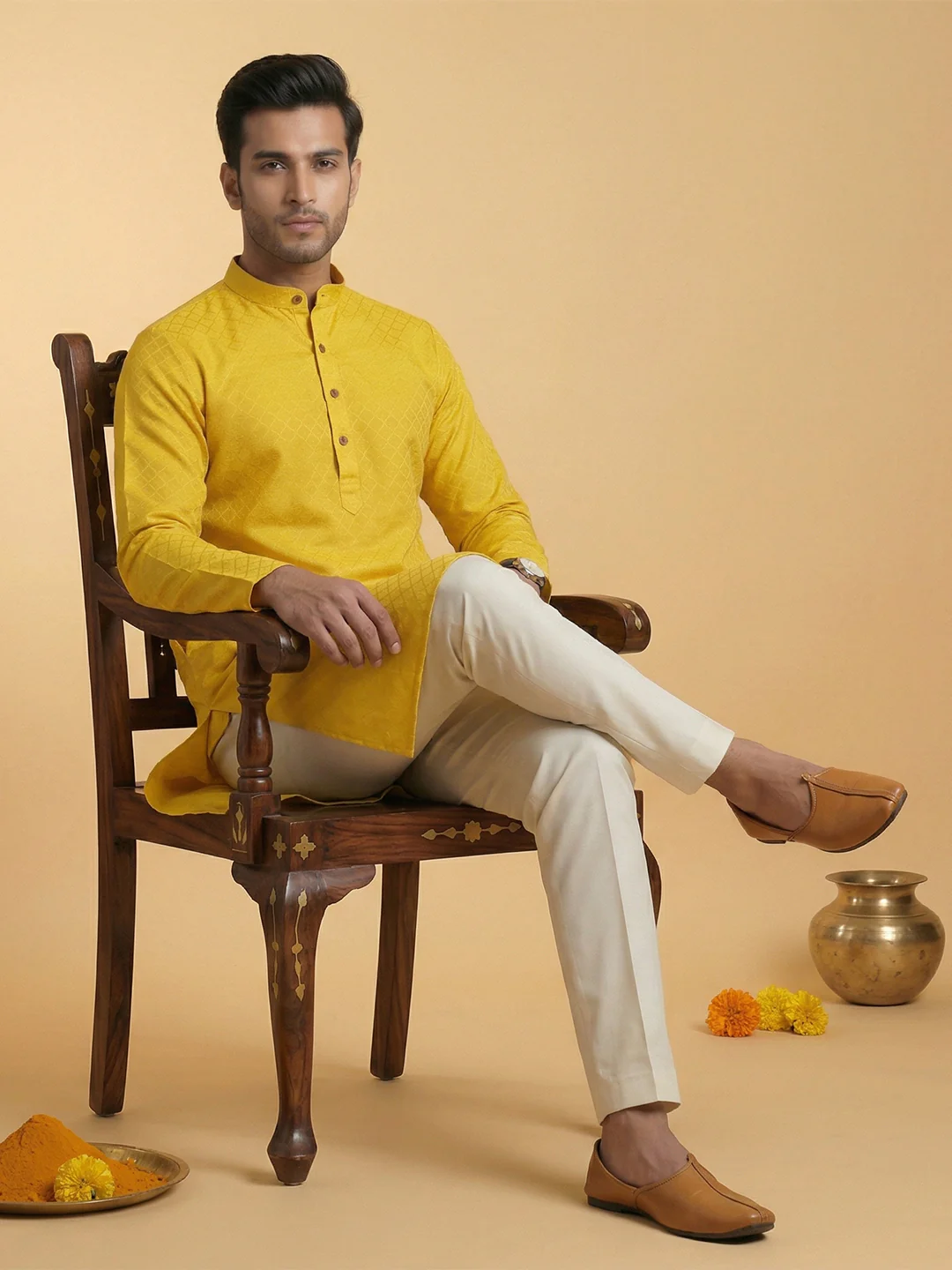 Men Cotton Medium Length Self Design Pocket Kurta Yellow D4 - Image 6