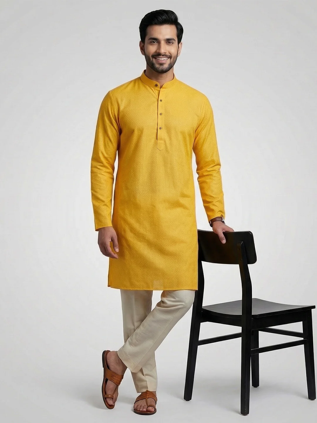 Men Cotton Medium Length Printed Pocket Kurta Yellow MHJ9 - Image 2