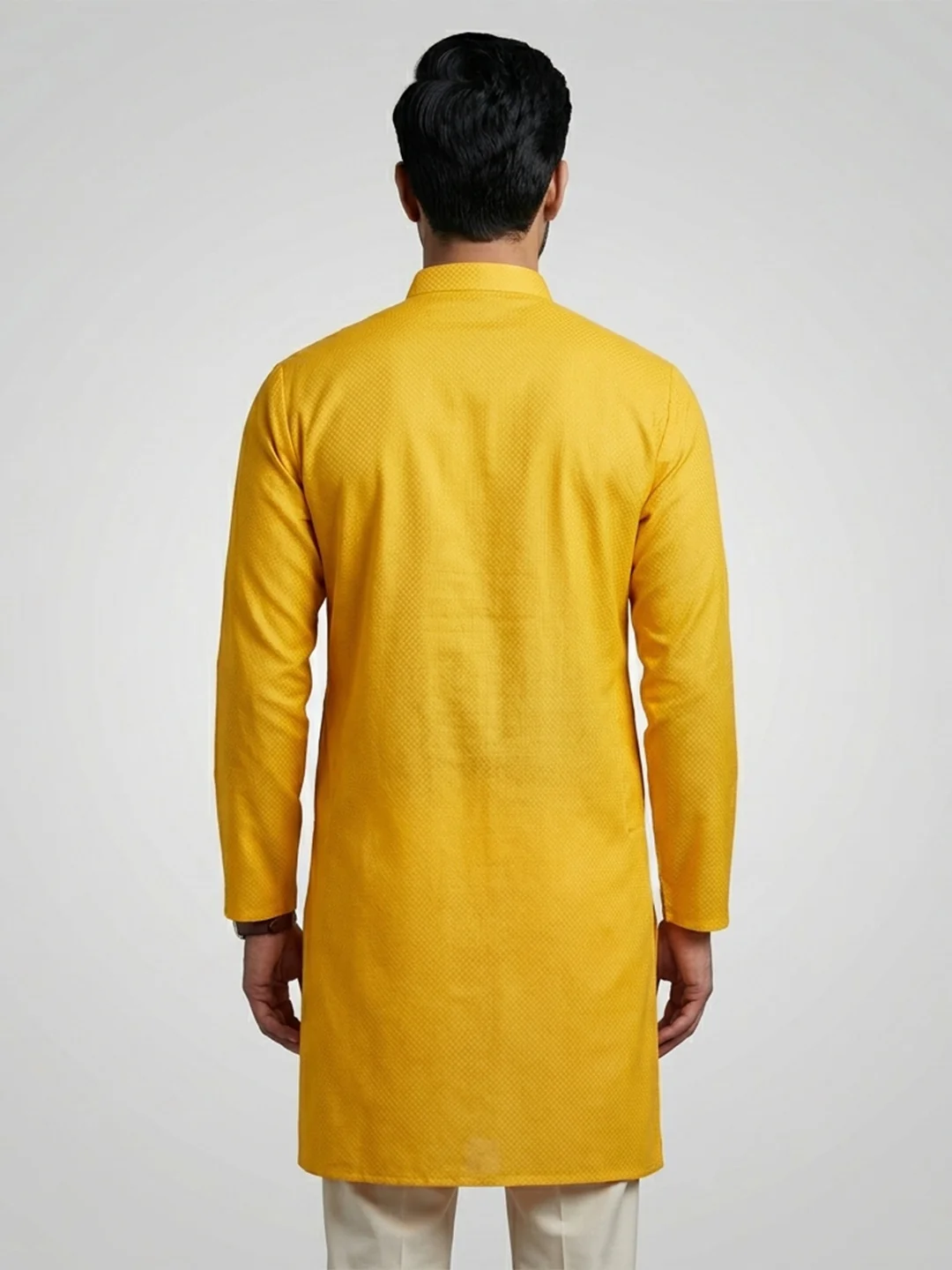 Men Cotton Medium Length Printed Pocket Kurta Yellow MHJ9 - Image 4
