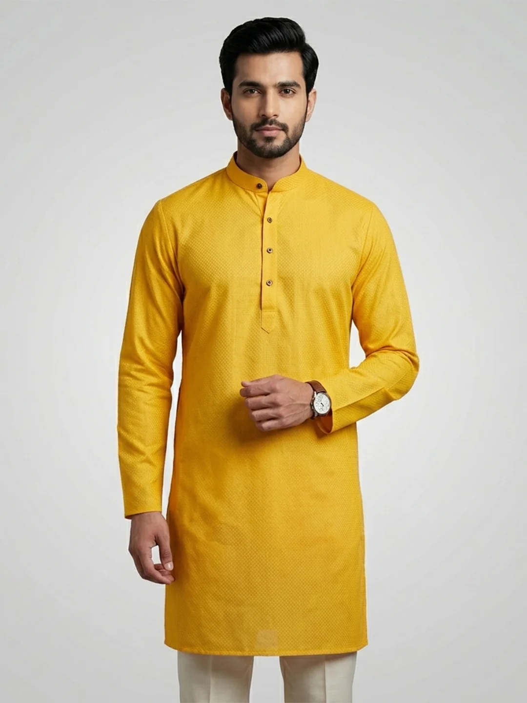 Men Cotton Medium Length Printed Pocket Kurta Yellow MHJ9 - Image 5