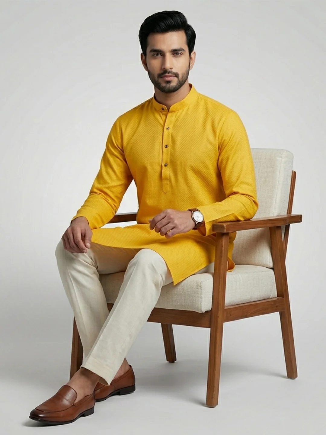 Men Cotton Medium Length Printed Pocket Kurta Yellow MHJ9 - Image 6