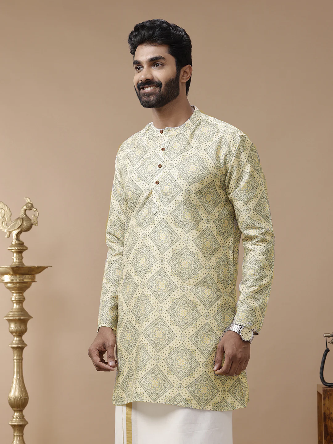 Men Cotton Medium Length Printed Pocket Kurta Yellow RE4 - Image 2