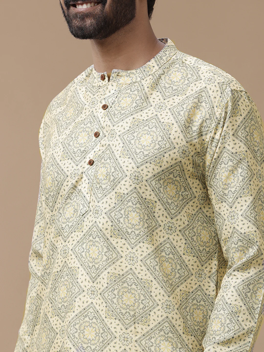 Men Cotton Medium Length Printed Pocket Kurta Yellow RE4 - Image 3