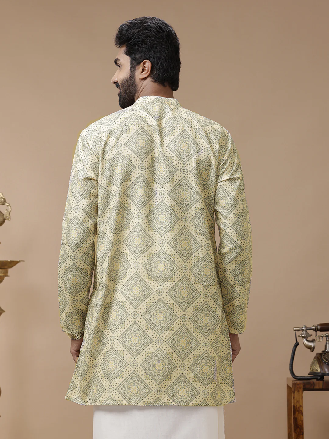 Men Cotton Medium Length Printed Pocket Kurta Yellow RE4 - Image 4