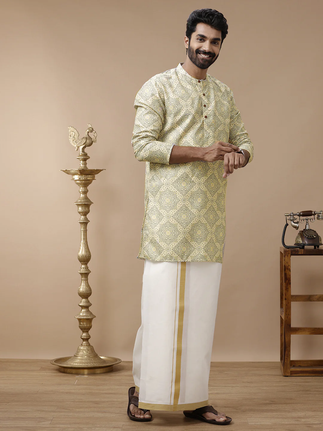 Men Cotton Medium Length Printed Pocket Kurta Yellow RE4 - Image 5