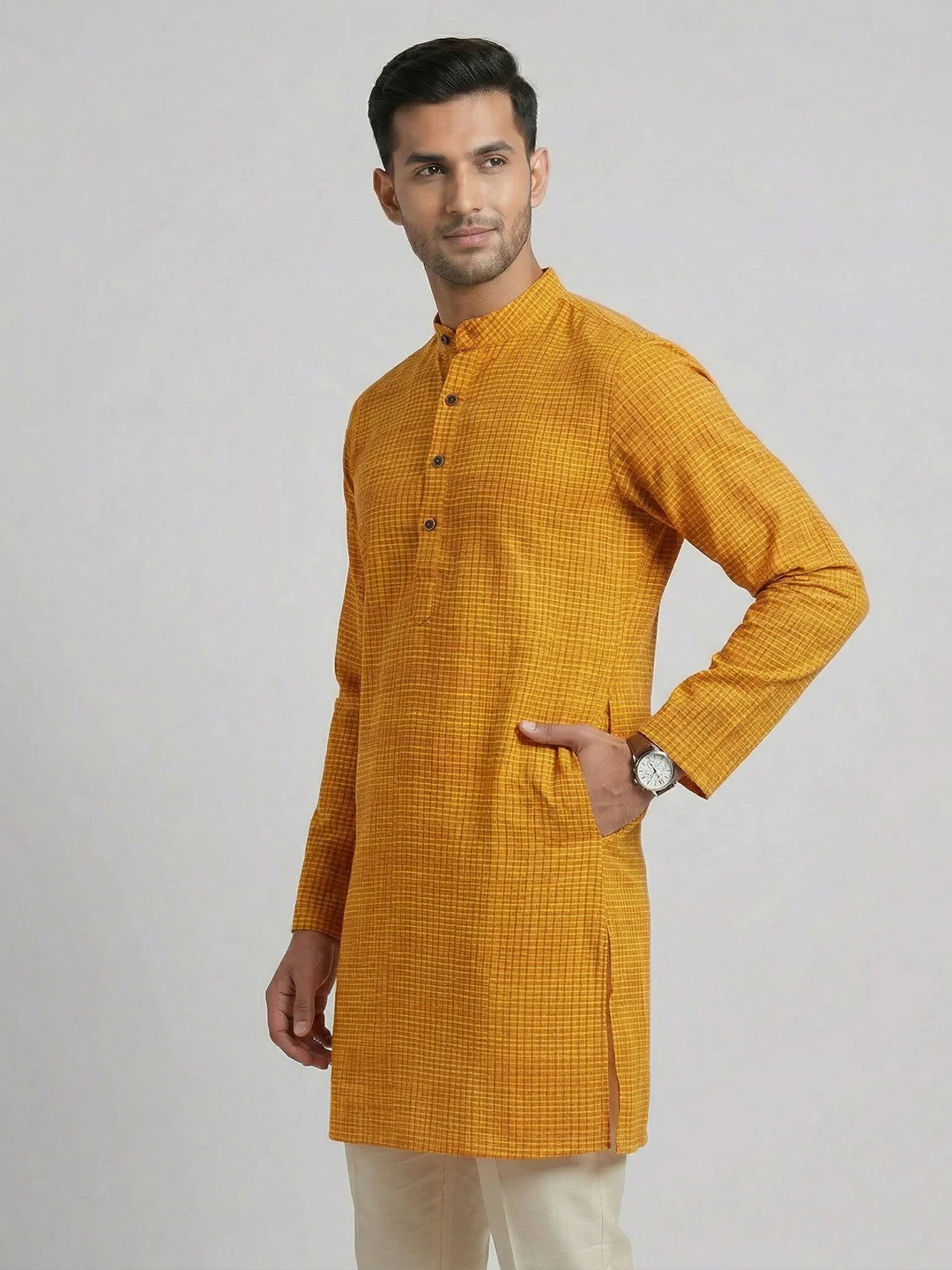 Men Cotton Medium Length Self Design Pocket Kurta Orange Y1 - Image 2