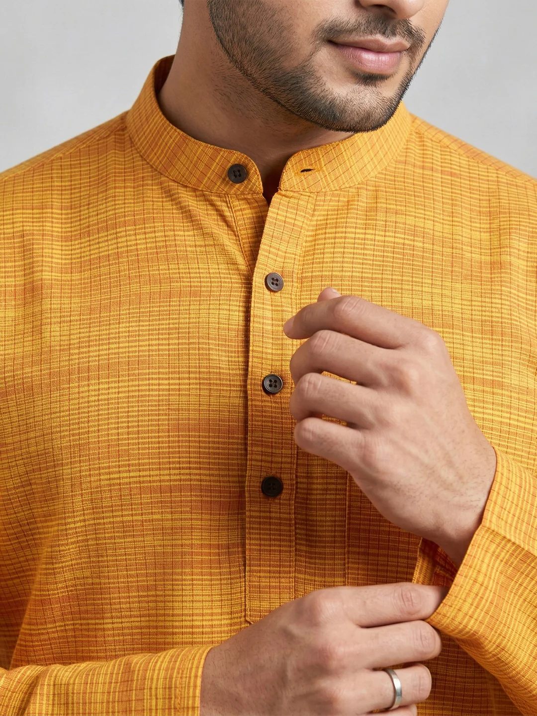 Men Cotton Medium Length Self Design Pocket Kurta Orange Y1 - Image 3