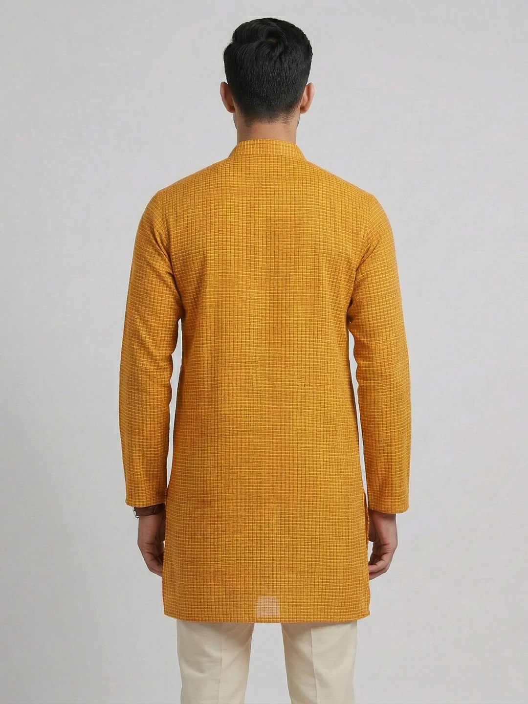 Men Cotton Medium Length Self Design Pocket Kurta Orange Y1 - Image 4