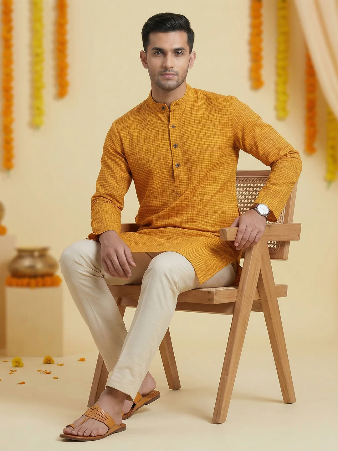 Men Cotton Medium Length Self Design Pocket Kurta Orange Y1 - Image 5