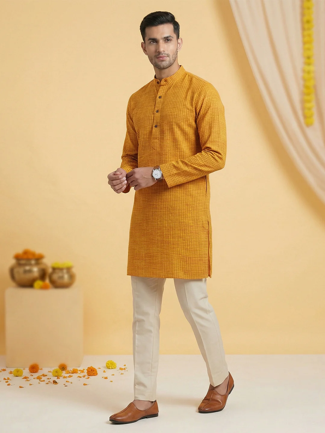 Men Cotton Medium Length Self Design Pocket Kurta Orange Y1 - Image 6