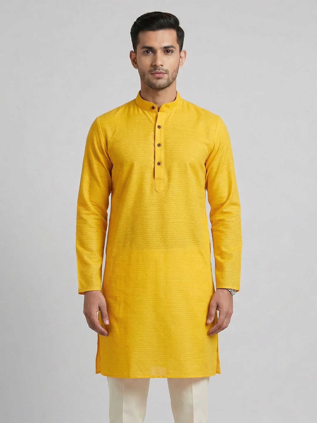 Men Cotton Medium Length Self Design Pocket Kurta Yellow D1