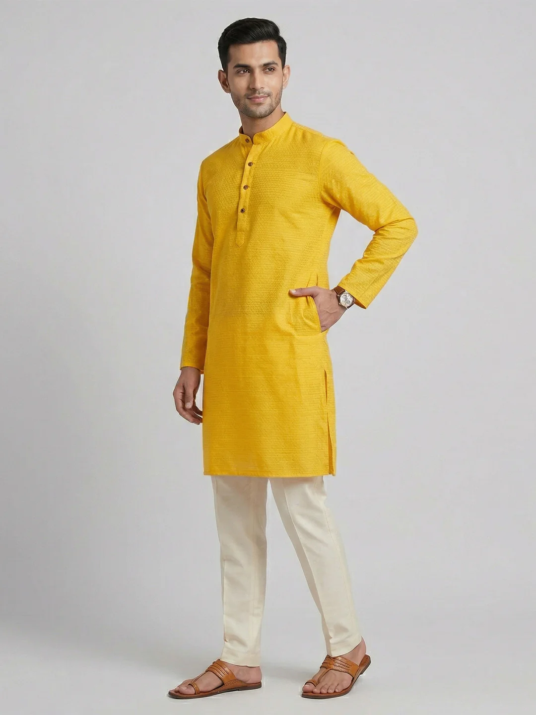 Men Cotton Medium Length Self Design Pocket Kurta Yellow D1 - Image 2