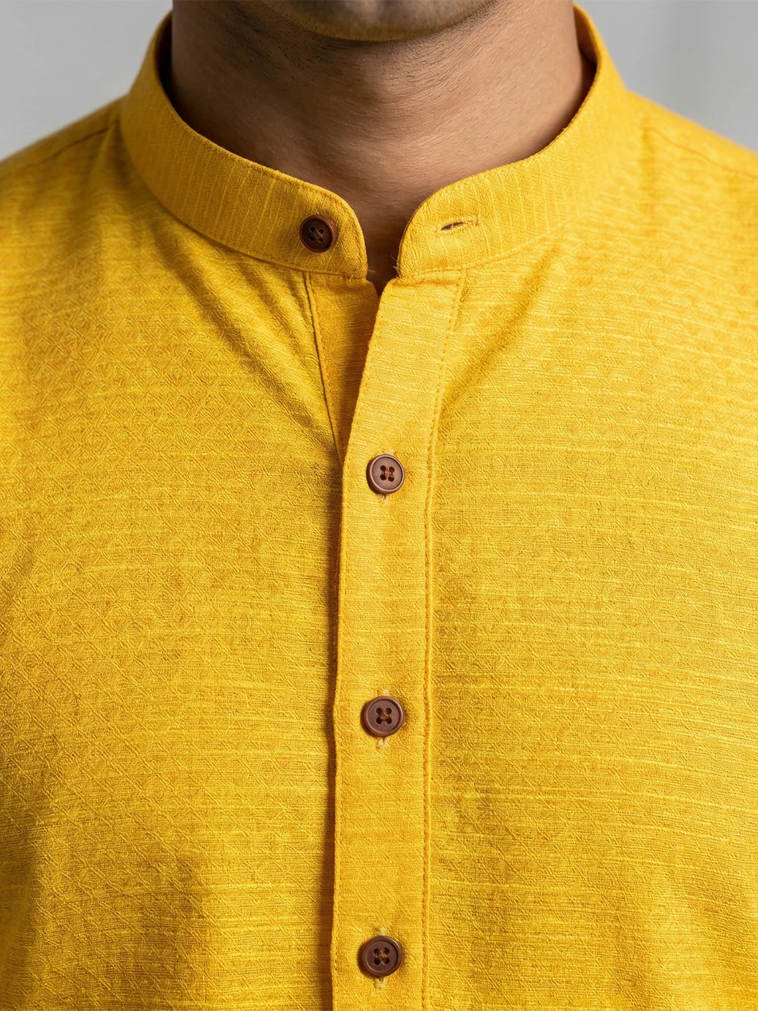 Men Cotton Medium Length Self Design Pocket Kurta Yellow D1 - Image 3