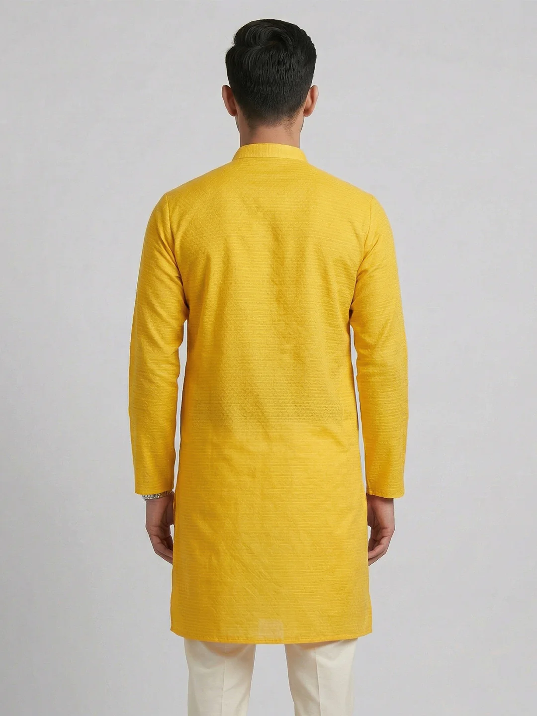 Men Cotton Medium Length Self Design Pocket Kurta Yellow D1 - Image 4