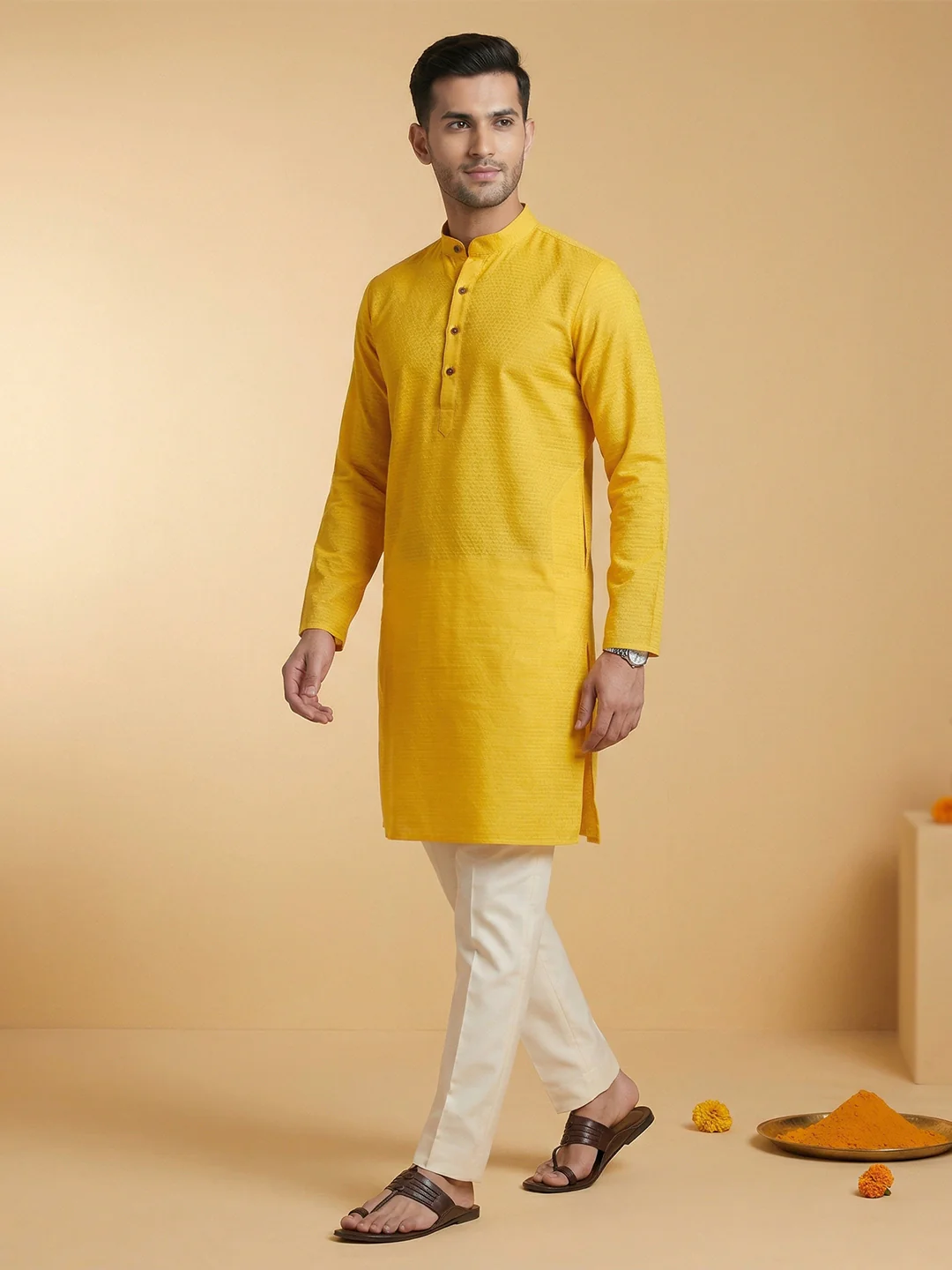 Men Cotton Medium Length Self Design Pocket Kurta Yellow D1 - Image 5