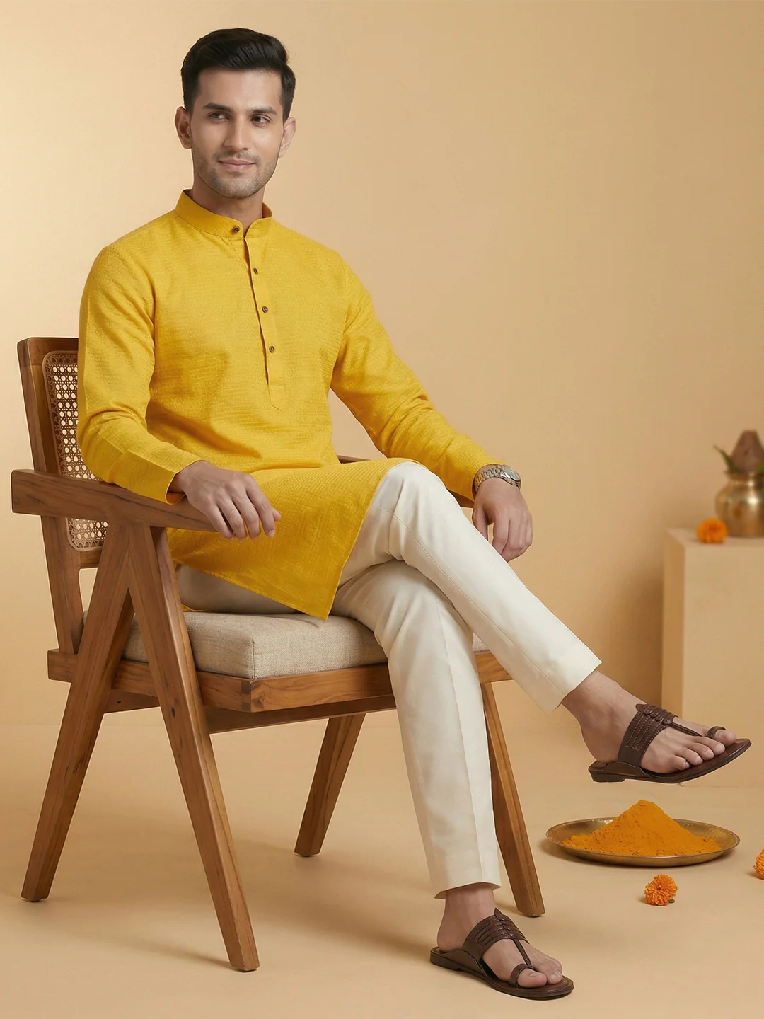 Men Cotton Medium Length Self Design Pocket Kurta Yellow D1 - Image 6