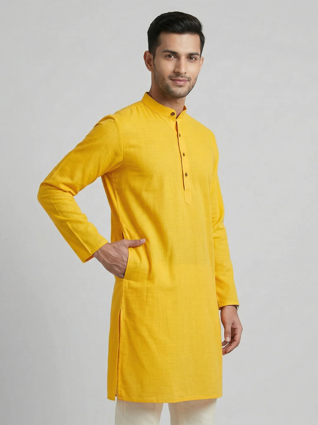 Men Cotton Medium Length Self Design Pocket Kurta Yellow D2
