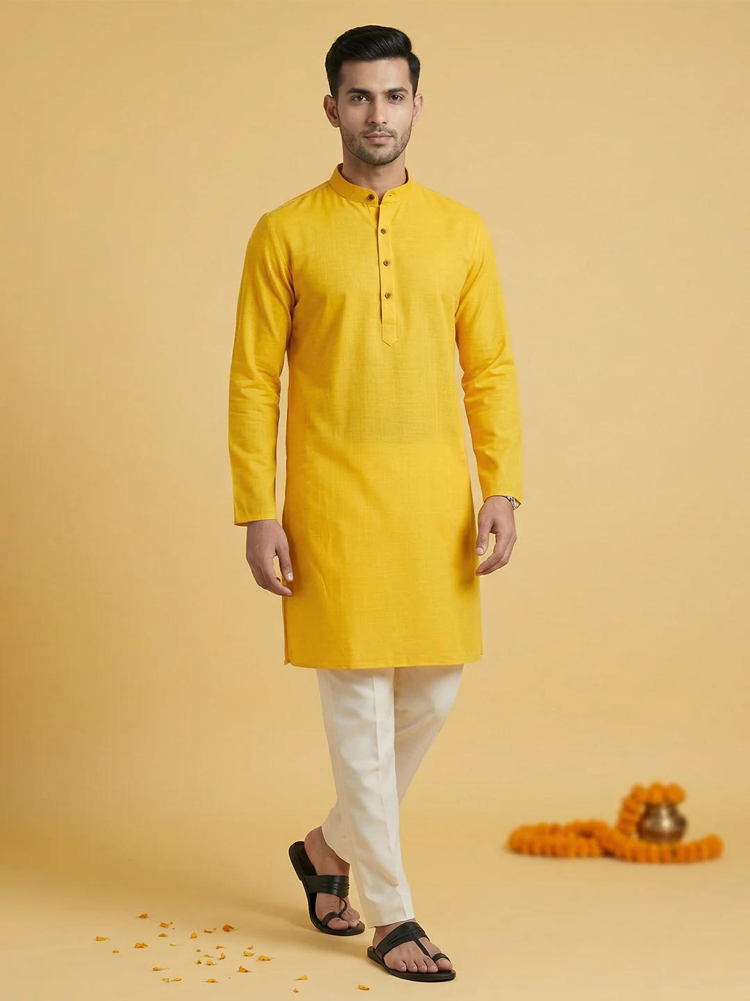Men Cotton Medium Length Self Design Pocket Kurta Yellow D2 - Image 2