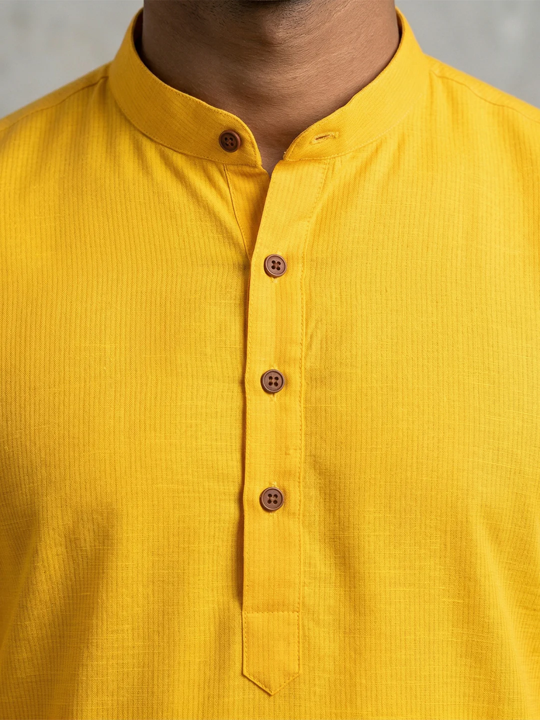 Men Cotton Medium Length Self Design Pocket Kurta Yellow D2 - Image 3