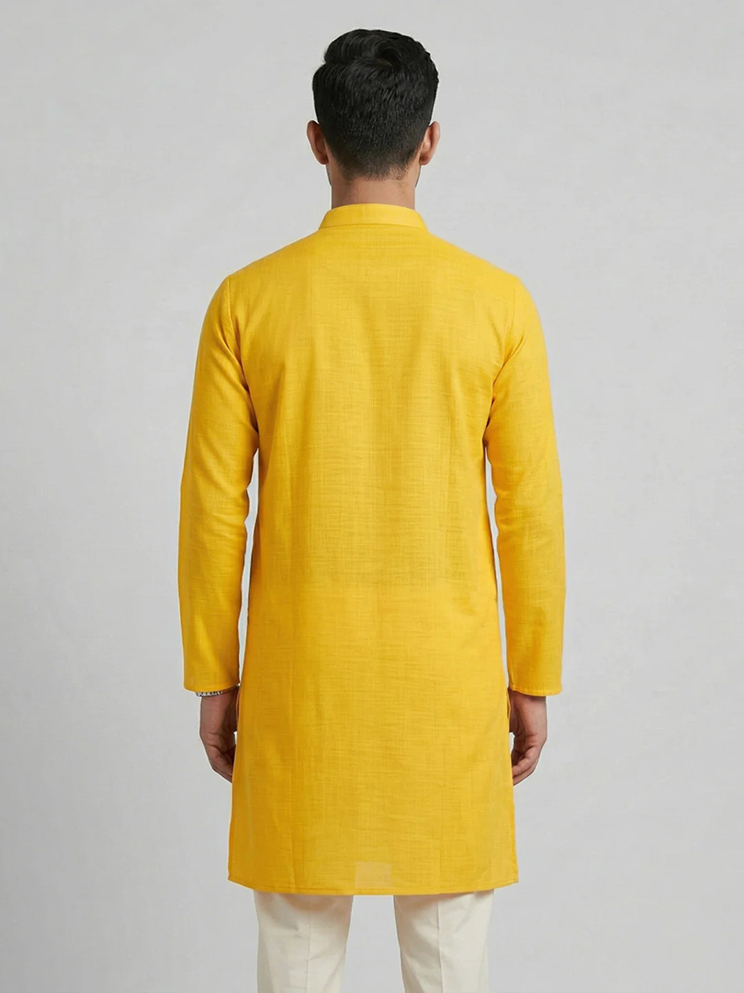 Men Cotton Medium Length Self Design Pocket Kurta Yellow D2 - Image 4