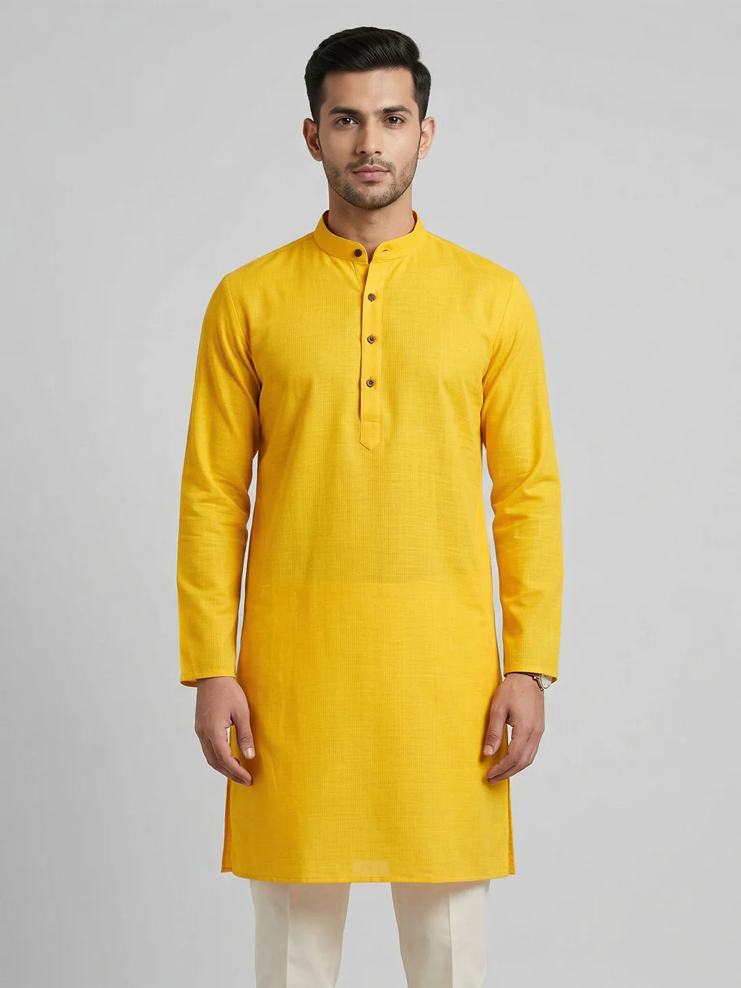 Men Cotton Medium Length Self Design Pocket Kurta Yellow D2 - Image 5