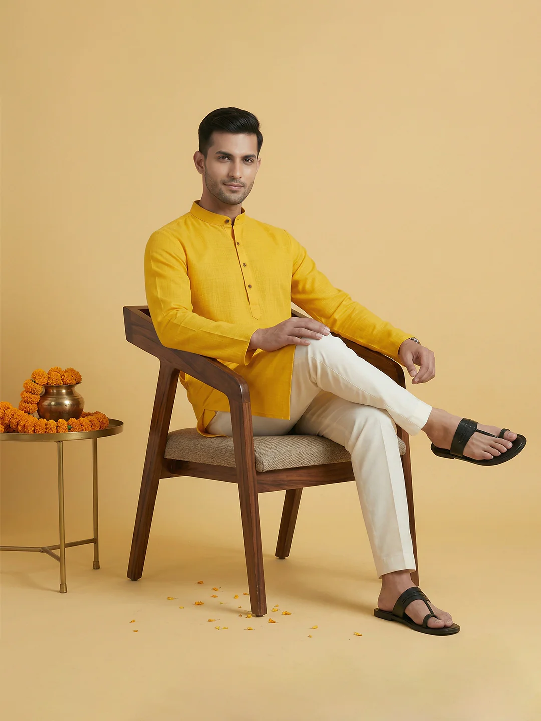 Men Cotton Medium Length Self Design Pocket Kurta Yellow D2 - Image 6