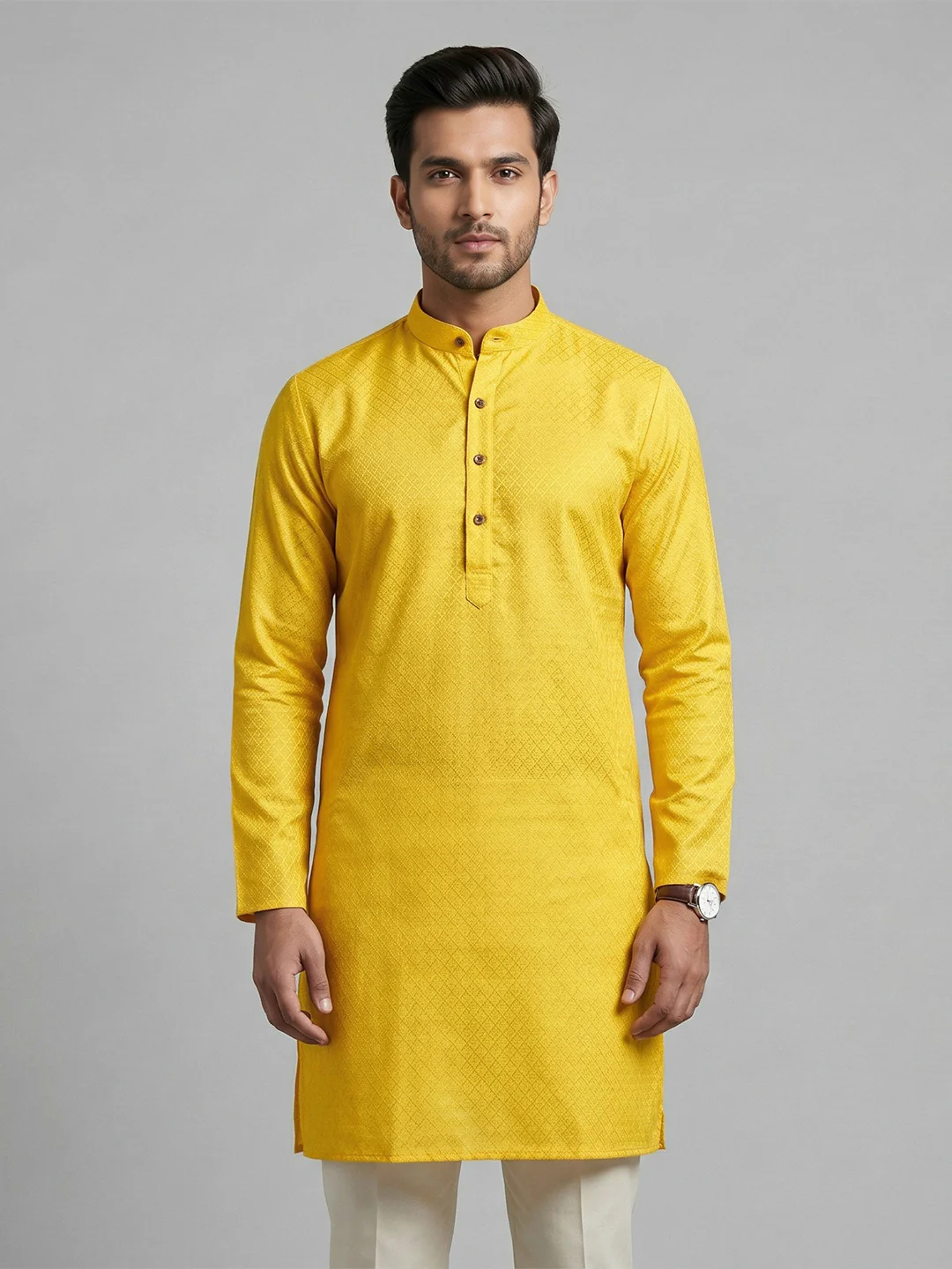 Men Cotton Medium Length Self Design Pocket Kurta Yellow D3
