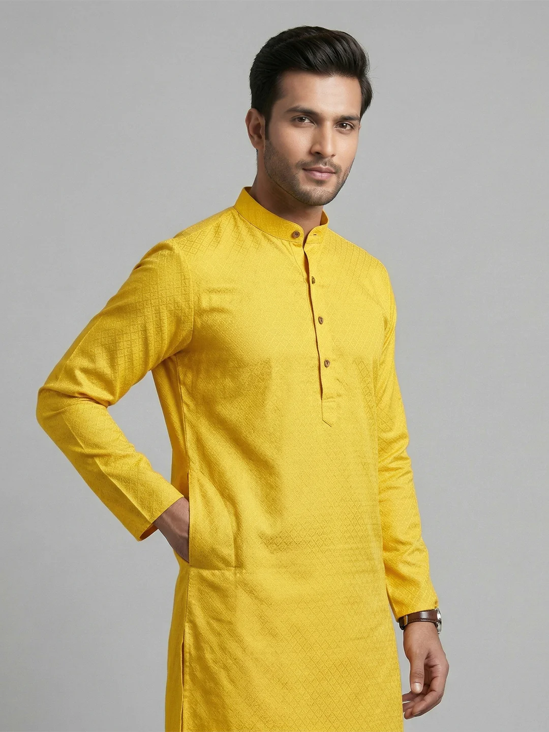 Men Cotton Medium Length Self Design Pocket Kurta Yellow D3 - Image 2