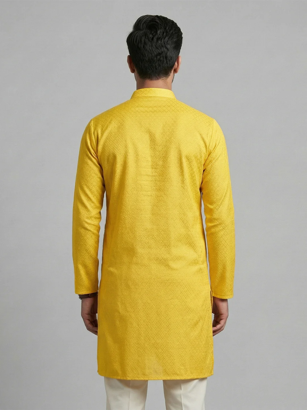 Men Cotton Medium Length Self Design Pocket Kurta Yellow D3 - Image 3