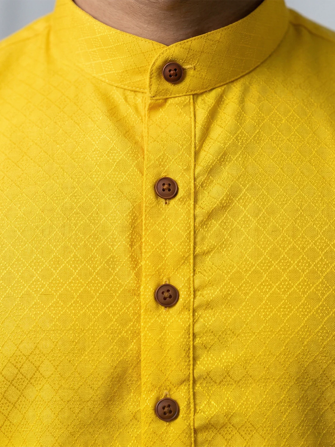 Men Cotton Medium Length Self Design Pocket Kurta Yellow D3 - Image 4