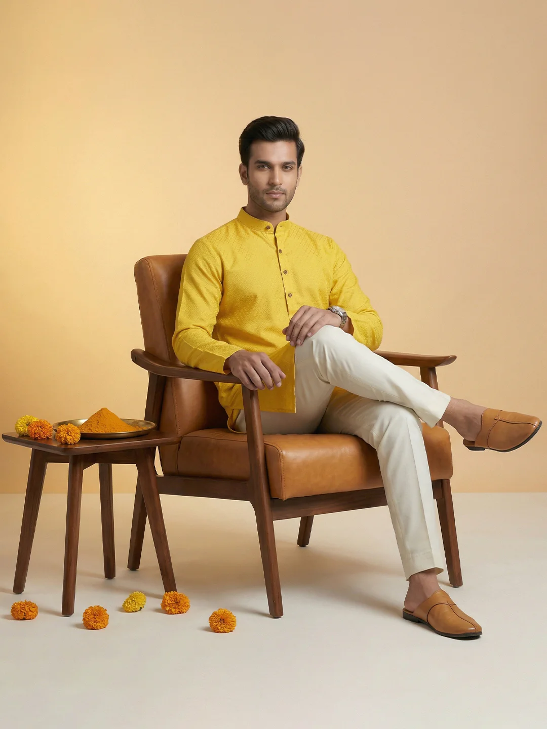 Men Cotton Medium Length Self Design Pocket Kurta Yellow D3 - Image 5