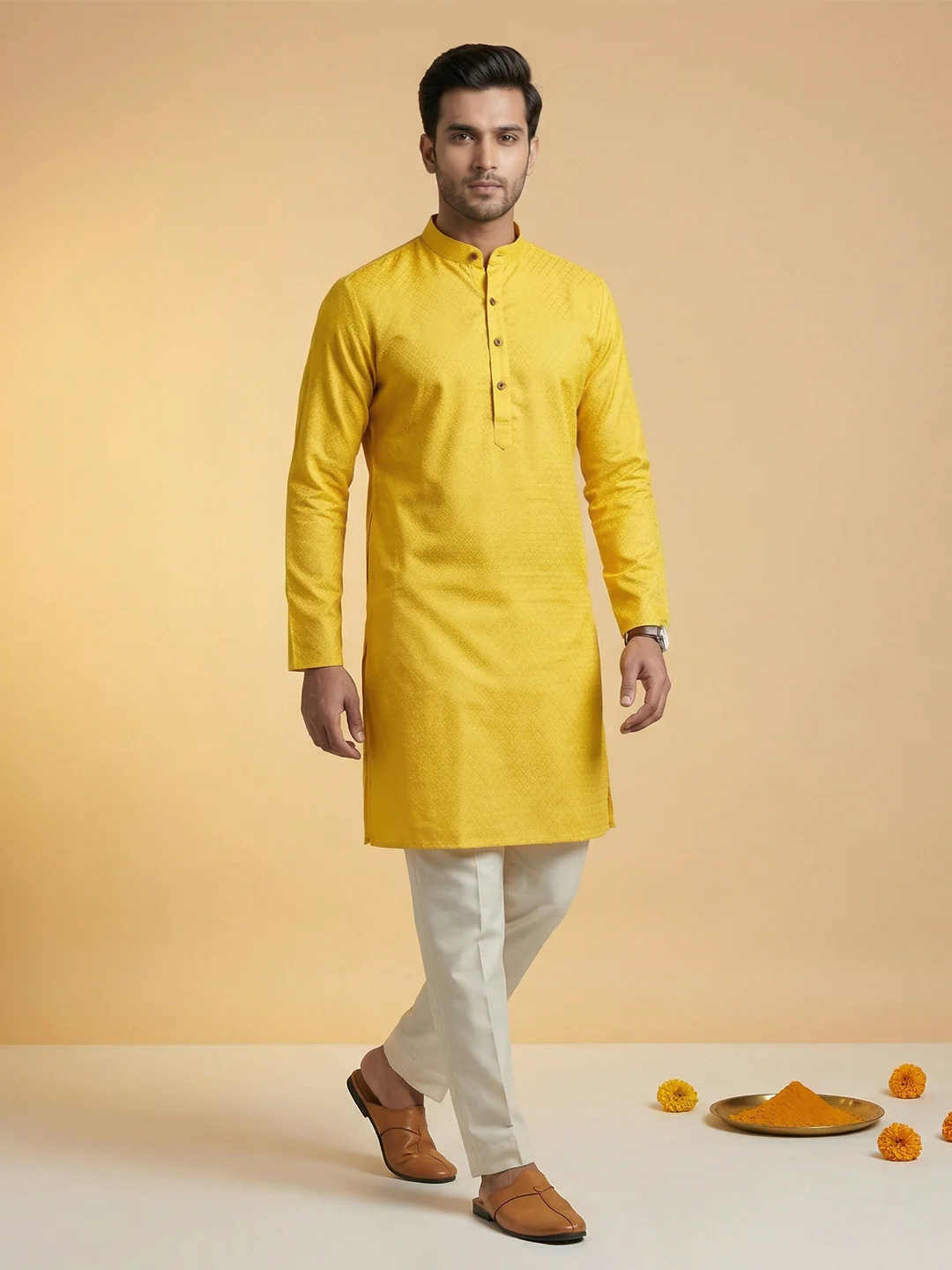 Men Cotton Medium Length Self Design Pocket Kurta Yellow D3 - Image 6